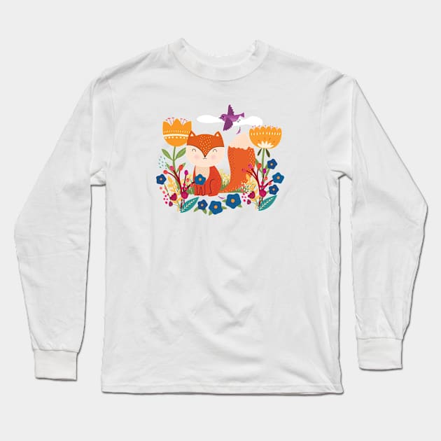 A Fox In The Flowers With A Flying Feathered Friend Long Sleeve T-Shirt by LittleBunnySunshine